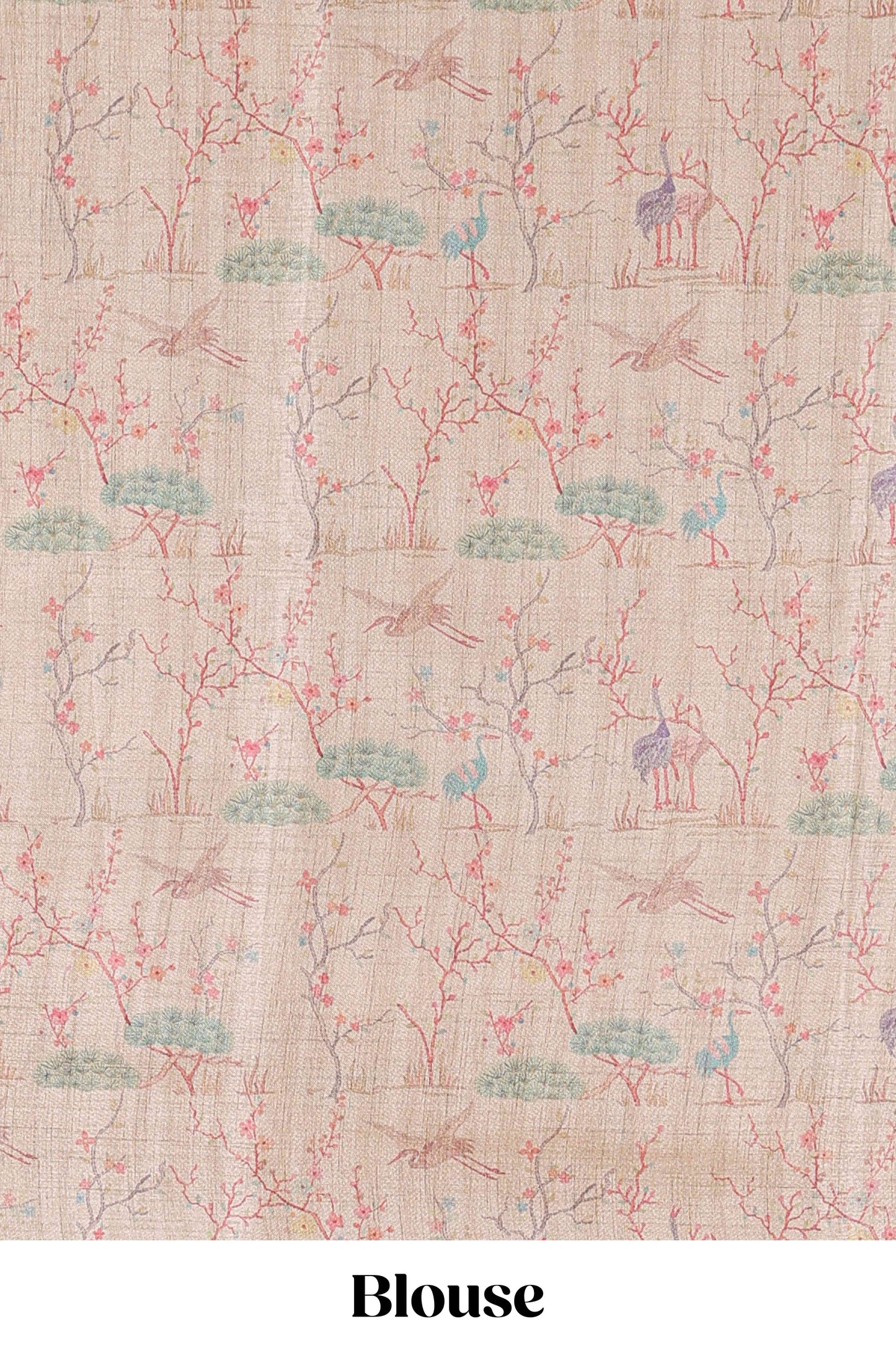 Green art tussar saree with wave zari weaving body and cream nature print border & pallu