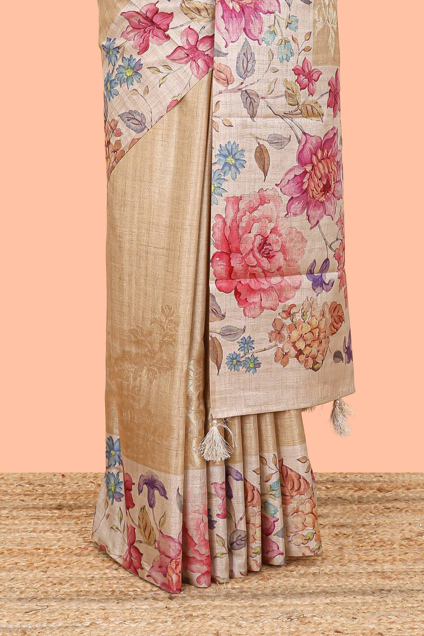 Sandal art tussar silk saree with floral zari butta body, cream border and floral print pallu
