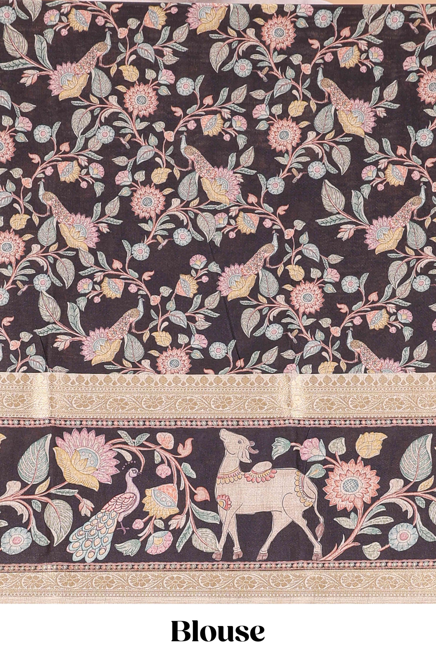 Beige art tussar silk saree featuring zari butta and Black retta-patta border with kalamkari animal designs