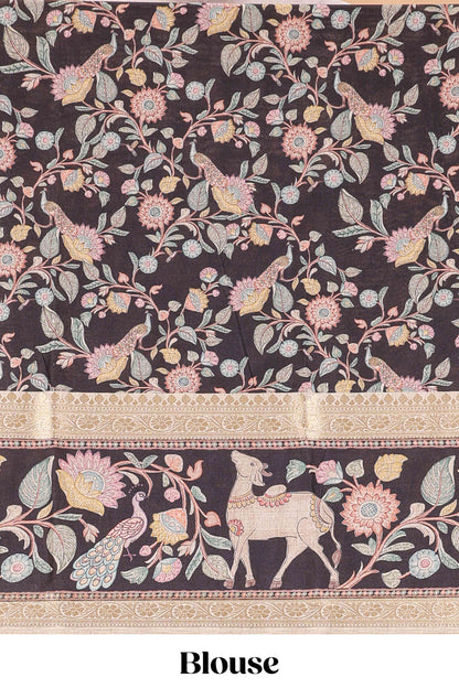 Beige art tussar silk saree featuring zari butta and Black retta-patta border with kalamkari animal designs