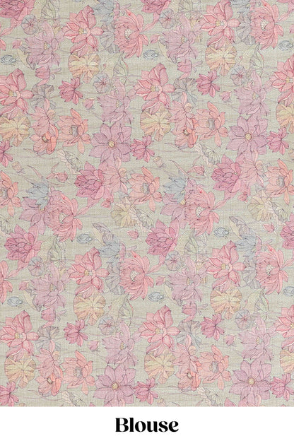 Beige art tussar silk saree with small zari butta weaving and floral print pale green border and pallu