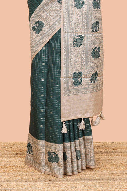 Green art tussar saree with zari check and butta weave, cream border and kalamkari elephant and peacock motif border and pallu