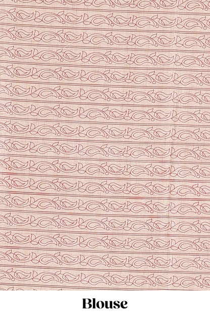 Maroon art tussar saree with zari check and butta weave, cream border and kalamkari elephant and peacock motif border and pallu