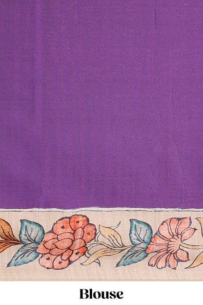 Blue art tussar silk saree with leaf and floral printed body, cream border, and floral & animal print pallu