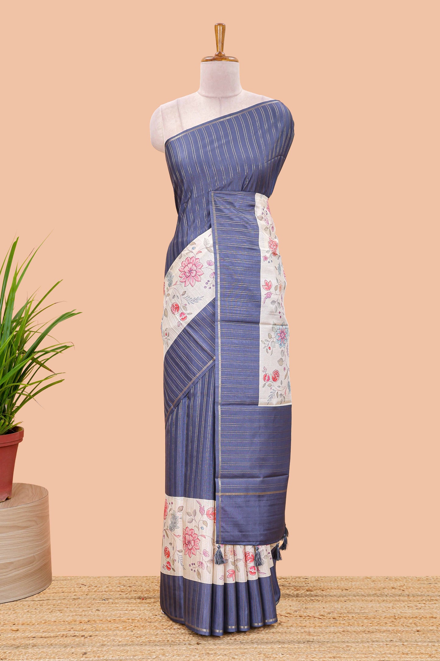 Blue art tussar silk saree  zari stripes, cream border and digital floral printed pallu