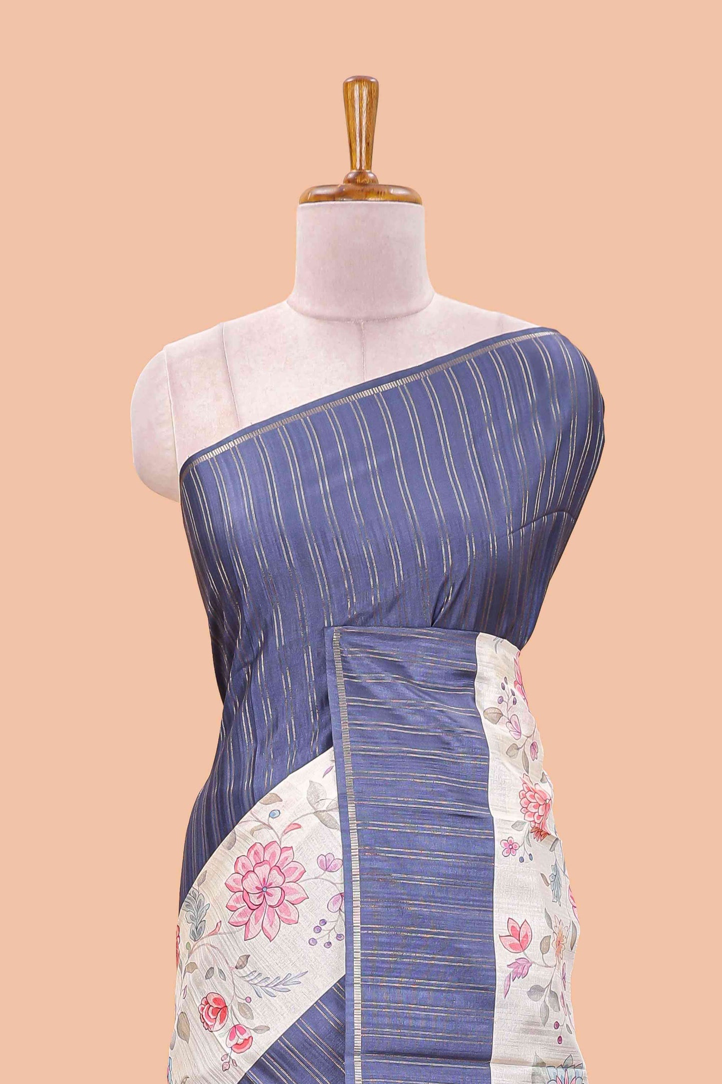 Blue art tussar silk saree  zari stripes, cream border and digital floral printed pallu