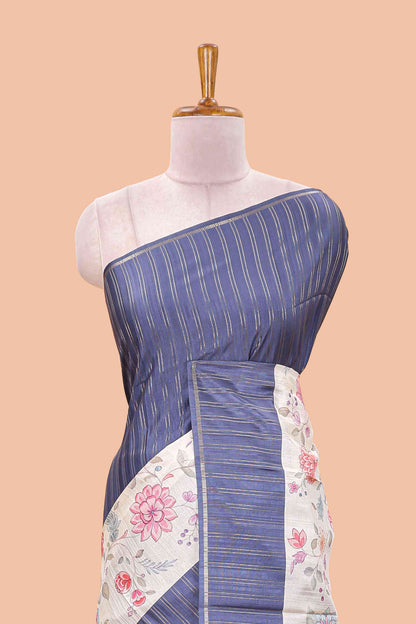 Blue art tussar silk saree  zari stripes, cream border and digital floral printed pallu
