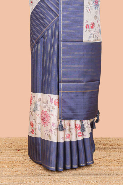 Blue art tussar silk saree  zari stripes, cream border and digital floral printed pallu
