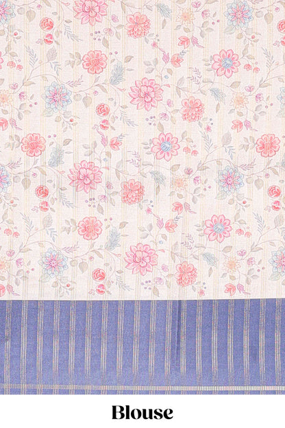 Blue art tussar silk saree  zari stripes, cream border and digital floral printed pallu