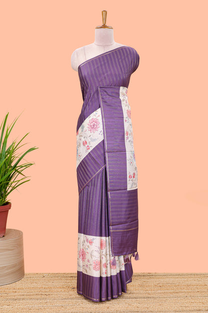 Purple art tussar silk saree  zari stripes, cream border and digital floral printed pallu