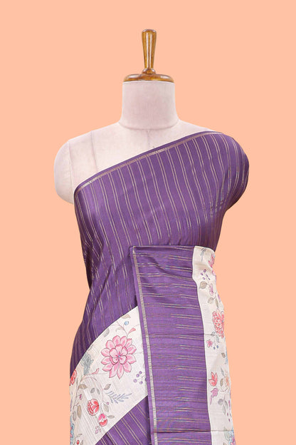 Purple art tussar silk saree  zari stripes, cream border and digital floral printed pallu