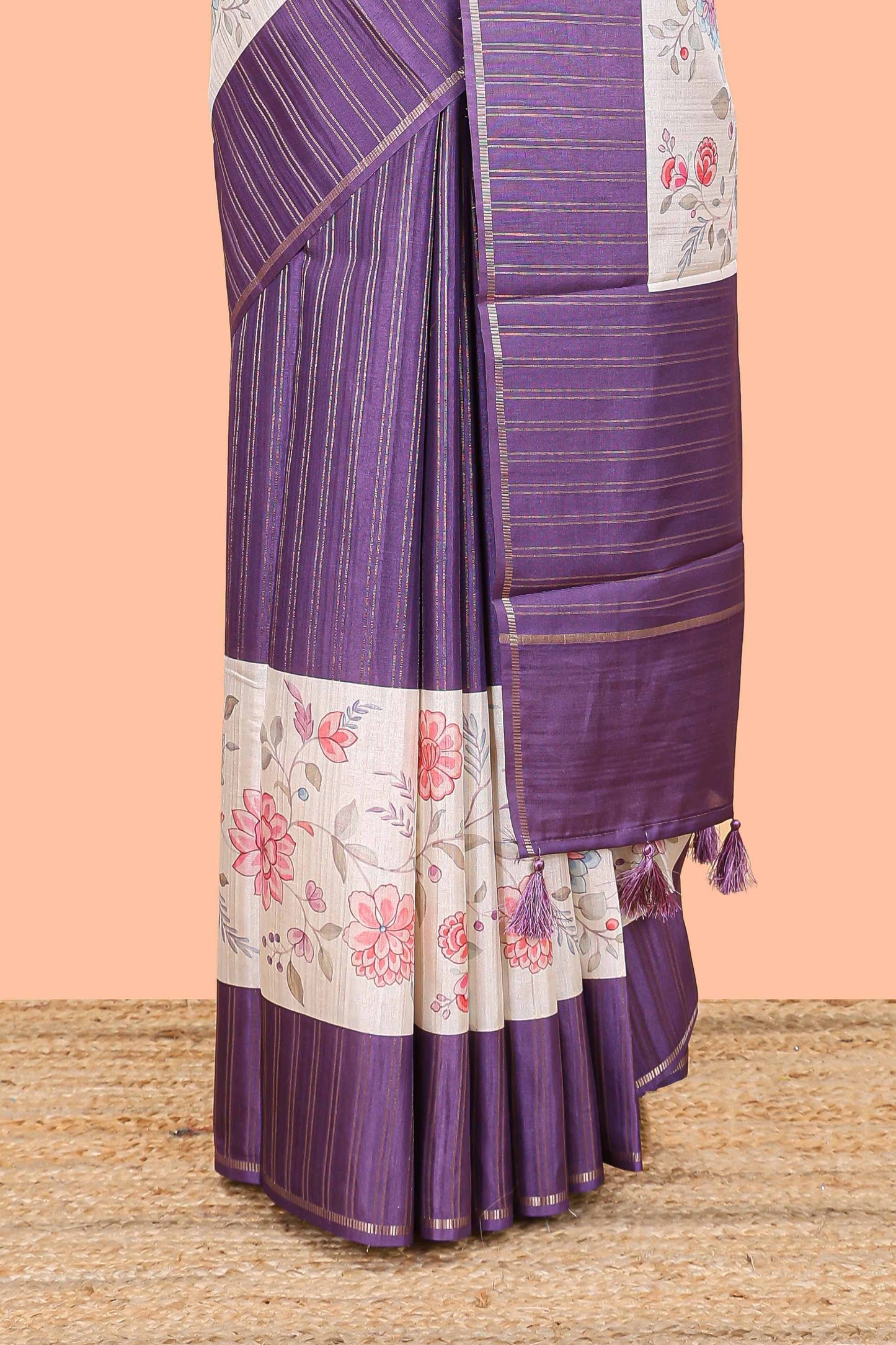 Purple art tussar silk saree  zari stripes, cream border and digital floral printed pallu