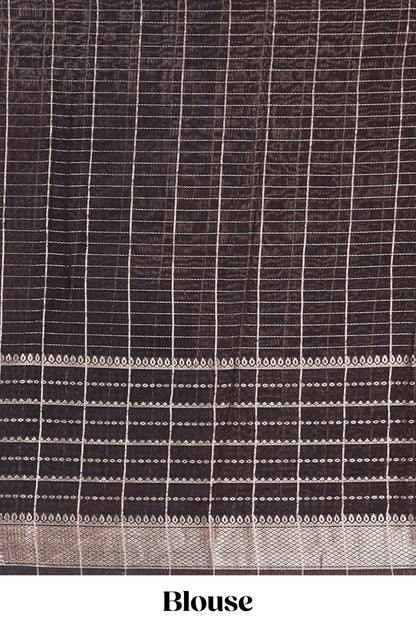 Grey assam silk saree with geometric print, contrast border with zari checks, and Pallu