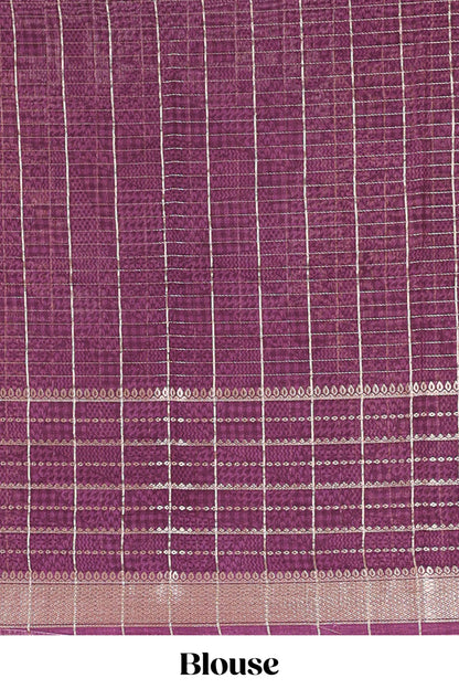 Purple assam silk saree with geometric print, contrast border with zari checks, and Pallu