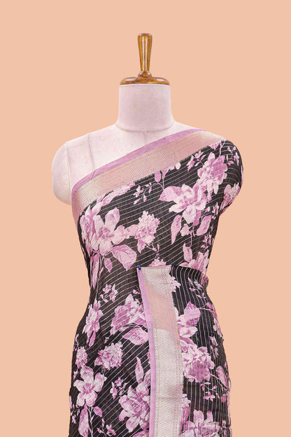 Balck assam silk saree with vertical zari lines, pink floral print and zari stripe pallu
