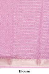 Balck assam silk saree with vertical zari lines, pink floral print and zari stripe pallu