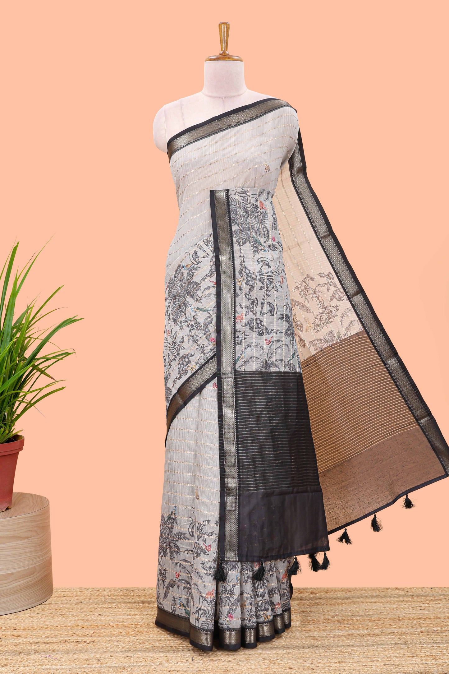 Grey striped chanderi cotton saree with forest theme print and zari stripe pallu