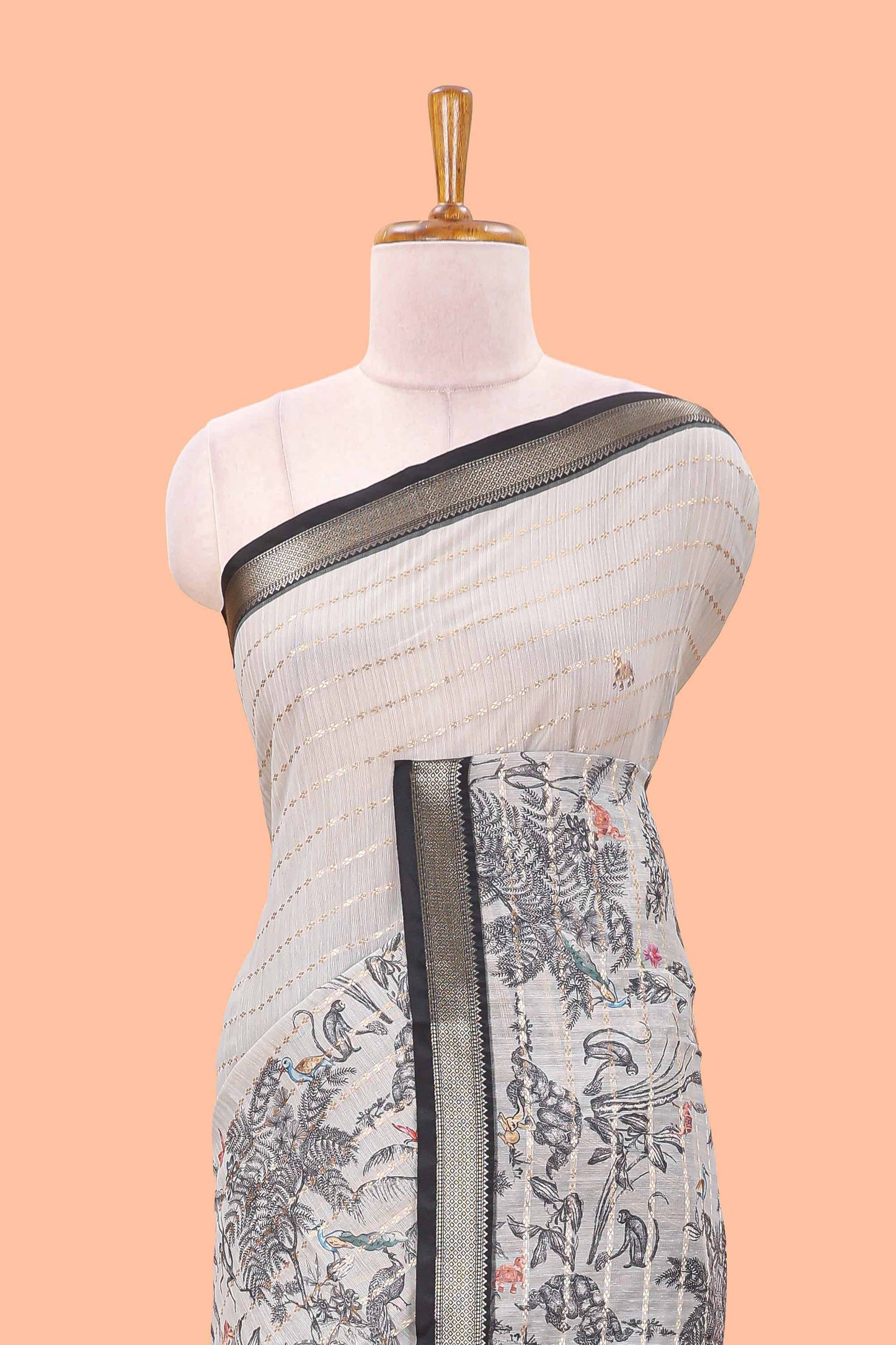 Grey striped chanderi cotton saree with forest theme print and zari stripe pallu