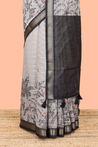 Grey striped chanderi cotton saree with forest theme print and zari stripe pallu