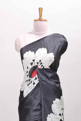 Borderless black floral print south cotton saree with matching blouse