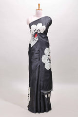 Borderless black floral print south cotton saree with matching blouse