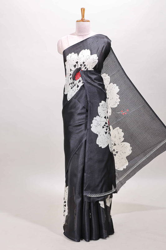 Borderless black floral print south cotton saree with matching blouse