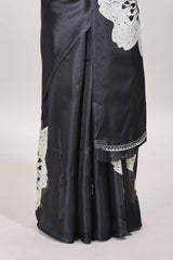 Borderless black floral print south cotton saree with matching blouse