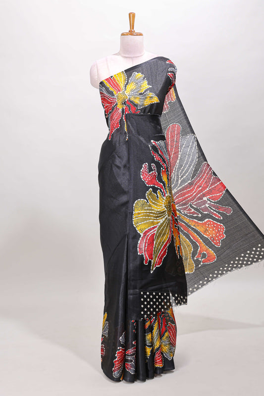 Borderless black floral print south cotton saree with matching butta blouse