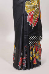 Borderless black floral print south cotton saree with matching butta blouse