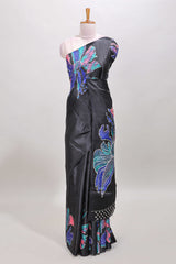Borderless black floral print south cotton saree with matching butta blouse