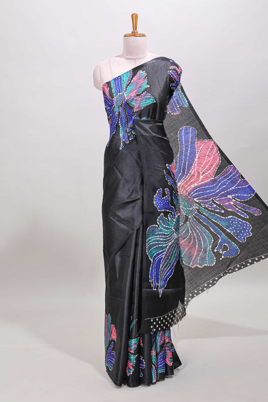 Borderless black floral print south cotton saree with matching butta blouse