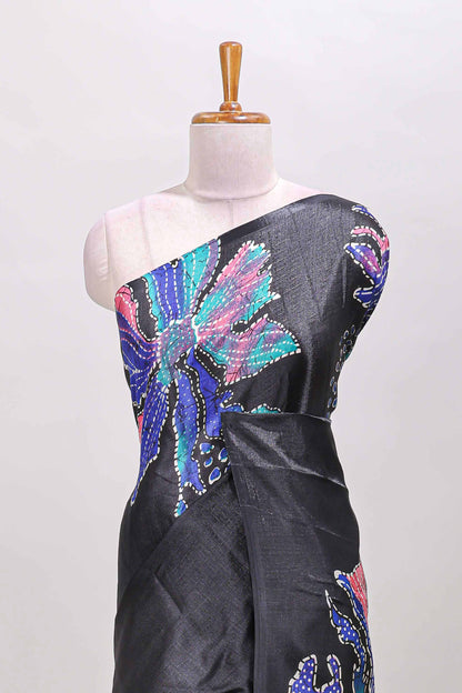 Borderless black floral print south cotton saree with matching butta blouse