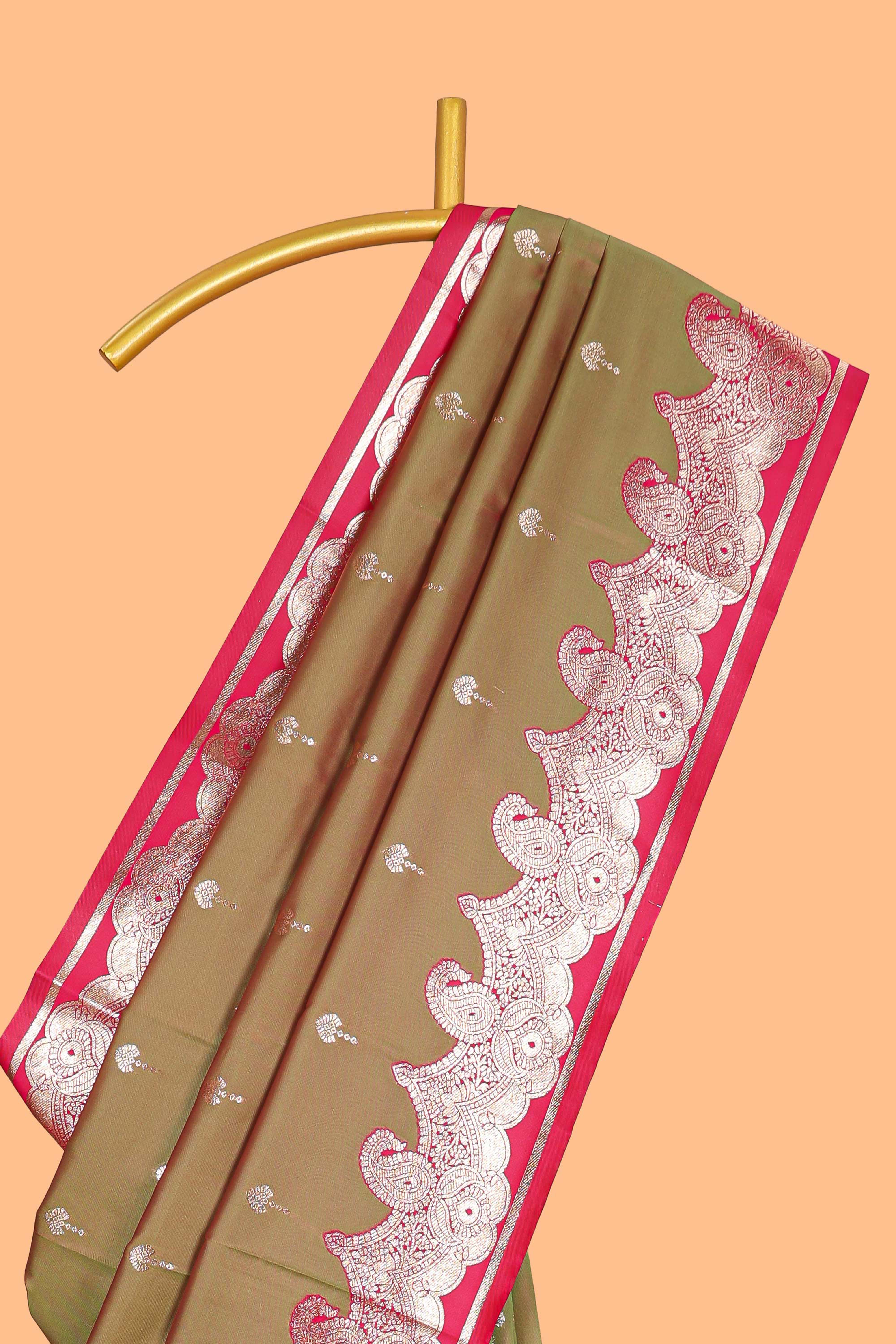 Olive Gold with Pink semi soft silk Woven Zari-Inspired Motifs and paisley Weave Design border with contrast blouse