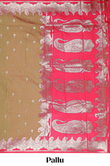 Olive Gold with Pink semi soft silk Woven Zari-Inspired Motifs and paisley Weave Design border with contrast blouse