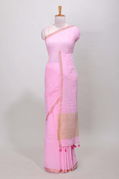 Pink plain south cotton saree with zari border and pallu