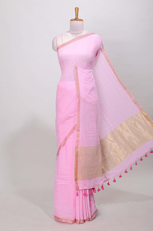 Pink plain south cotton saree with zari border and pallu