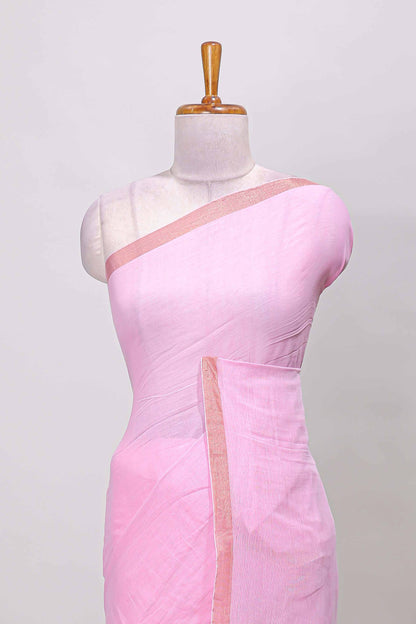 Pink plain south cotton saree with zari border and pallu