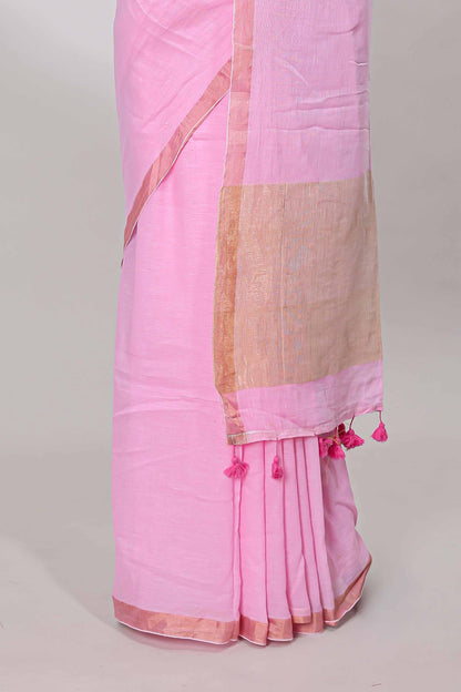 Pink plain south cotton saree with zari border and pallu