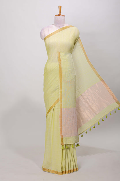 Green plain south cotton saree with zari border and pallu