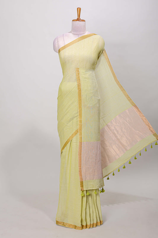 Green plain south cotton saree with zari border and pallu