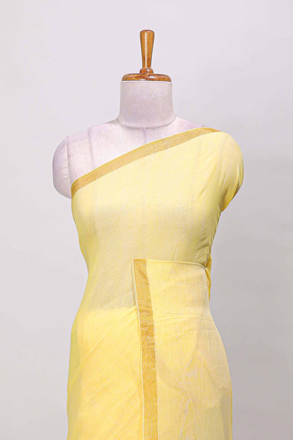 Yellow plain south cotton saree with zari border and pallu