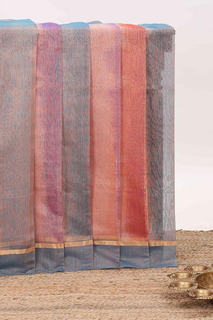 Multi color plain ikkat cotton saree with self border and zari striped pallu