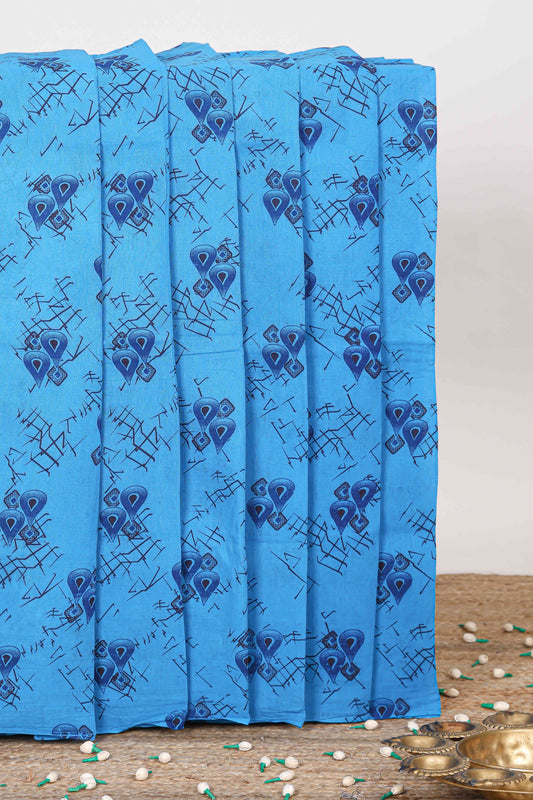 Borderless blue unique design sungudi cotton saree with floral design pallu
