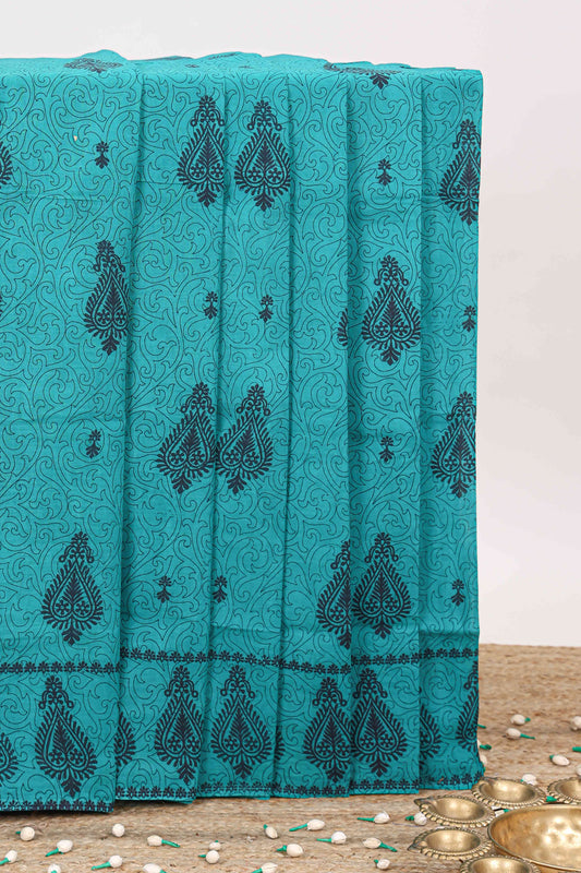 Turquoise green floral design butta sungudi cotton saree with self border and pallu