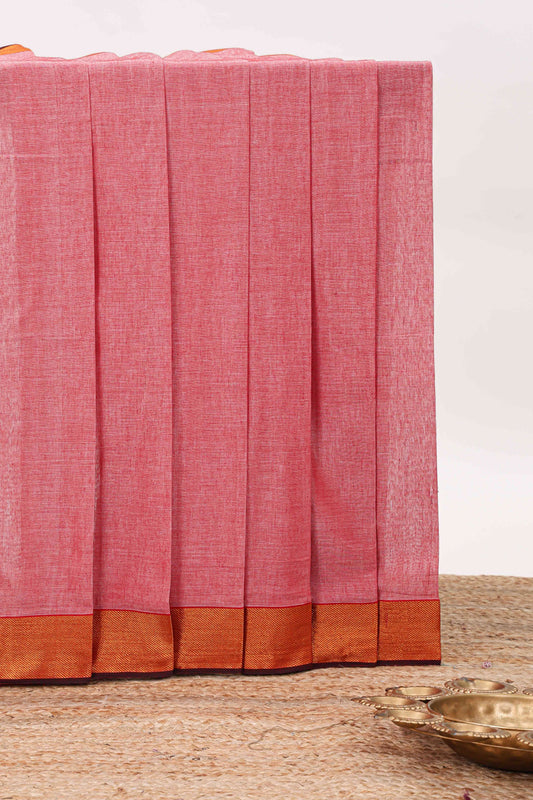Pink plain narayanapet cotton saree with contrast zari border and stripe pallu