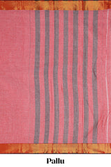 Pink plain narayanapet cotton saree with contrast zari border and stripe pallu