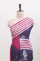 Plum purple motifs mul mul cotton saree with contrast striped border and blouse