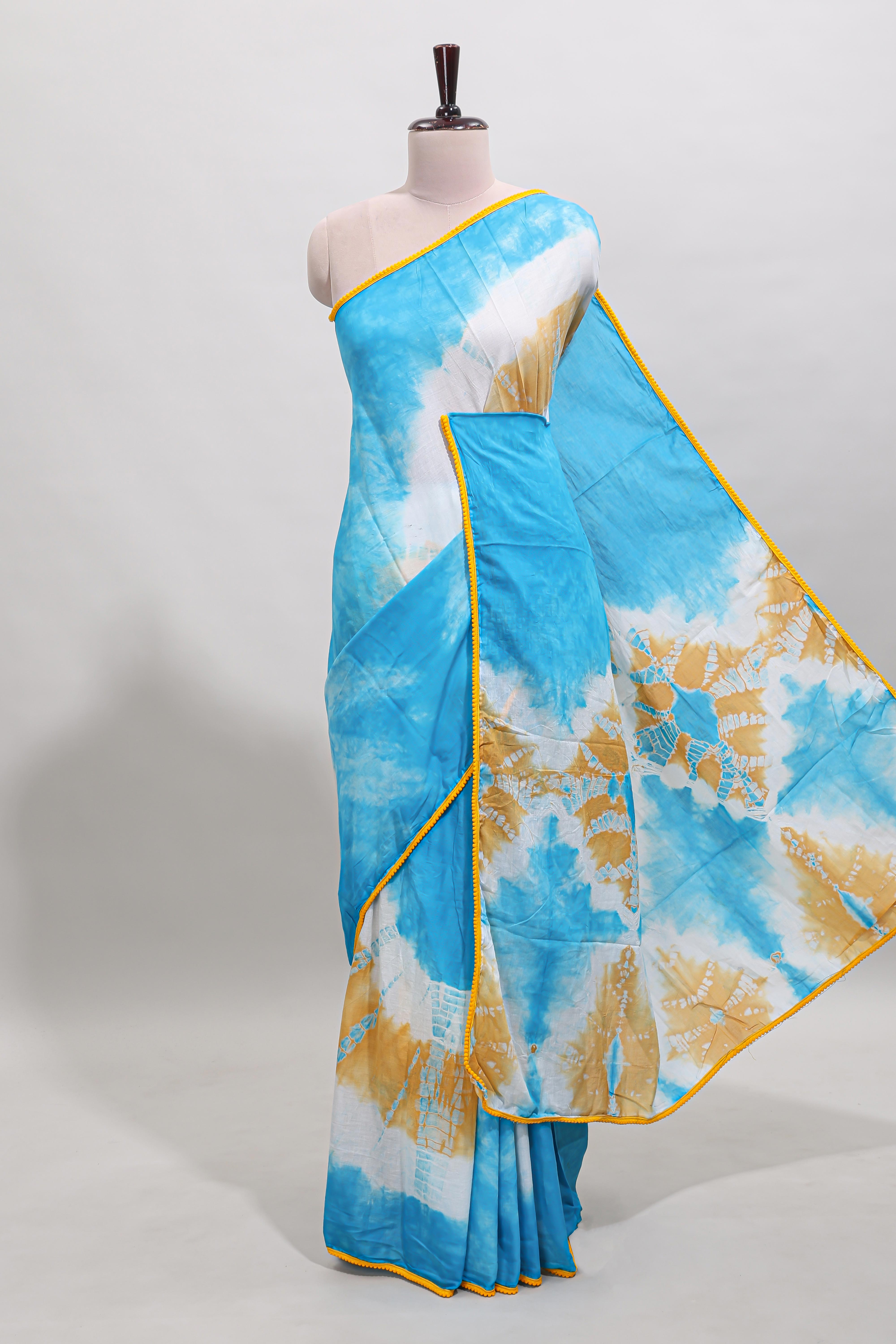 Blue shibori printed mul mul cotton saree with contrast scallop border and blouse