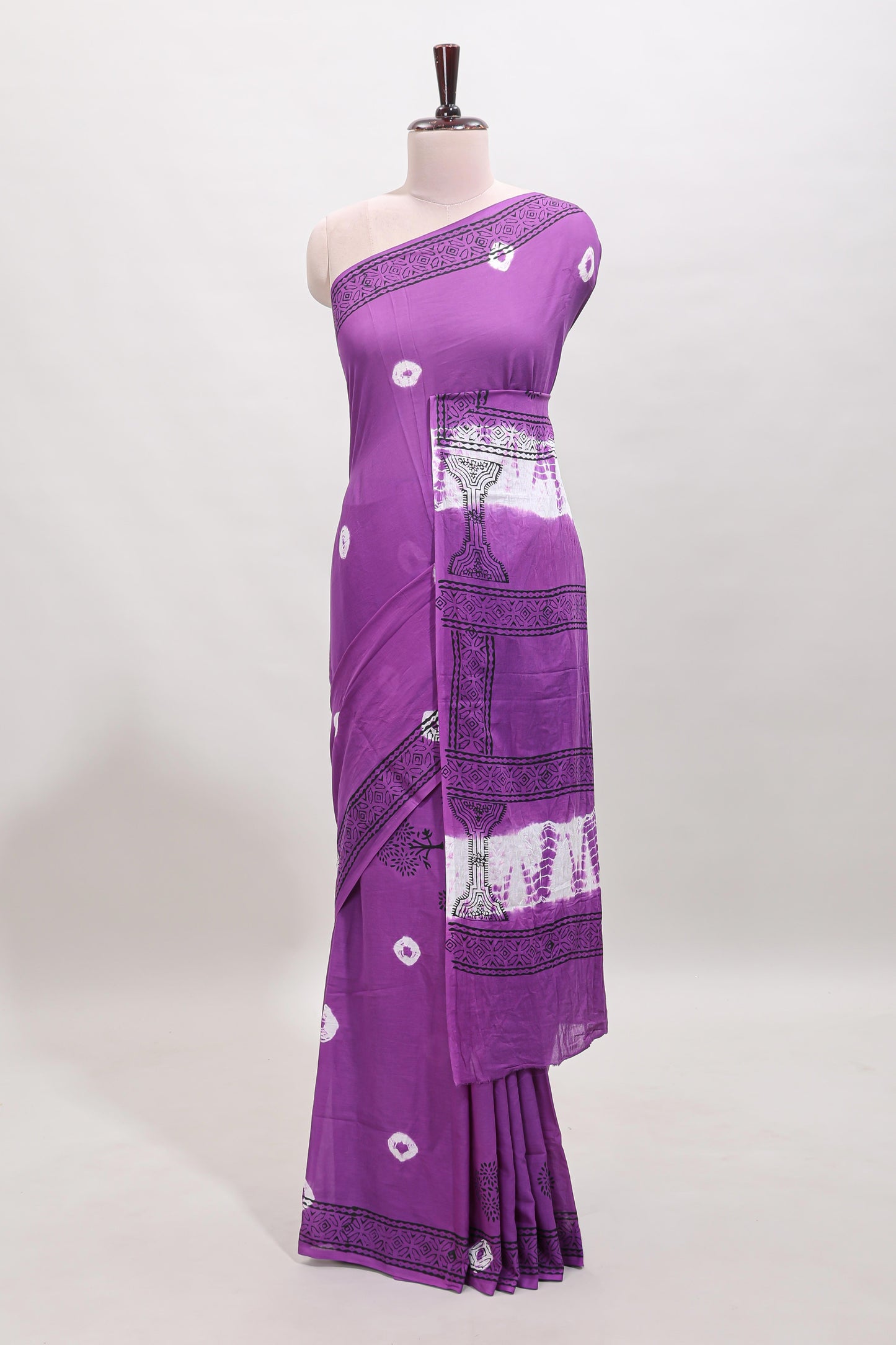 Lavender shibori printed mul mul cotton saree with self border and blouse