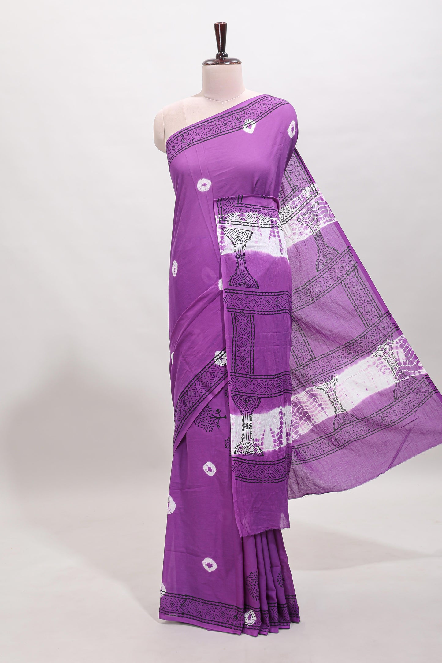 Lavender shibori printed mul mul cotton saree with self border and blouse